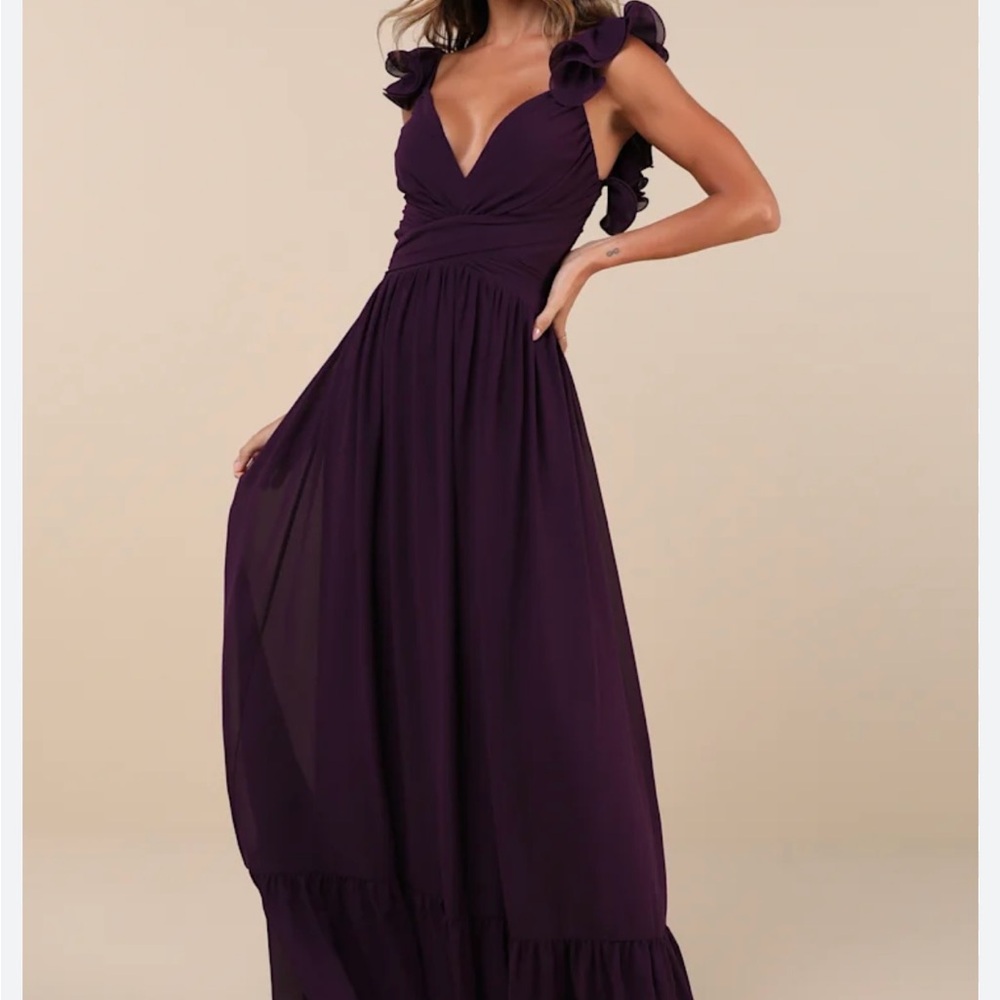 NWT Lulus Soirée‎ Celebration Purple Ruffle Lace Up Maxi Dress XS